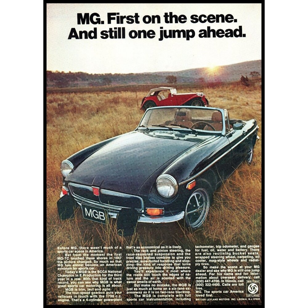 1974 MG MGB Convertible Roadster Vintage Print Ad Sunset Field Grass Wall Art